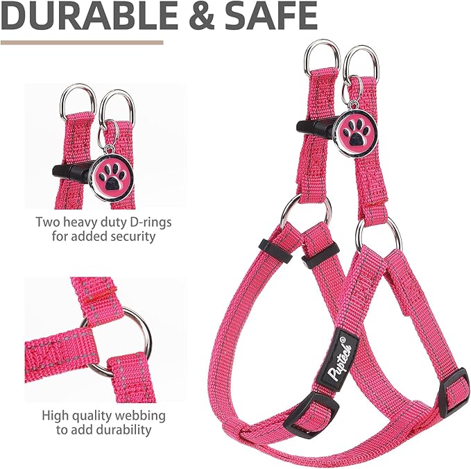 PUPTECK No Pull Dog Harness Soft Adjustable Basic Nylon Step in Puppy Vest Outdoor Walking with ID Tag, Reflecive Pink, S