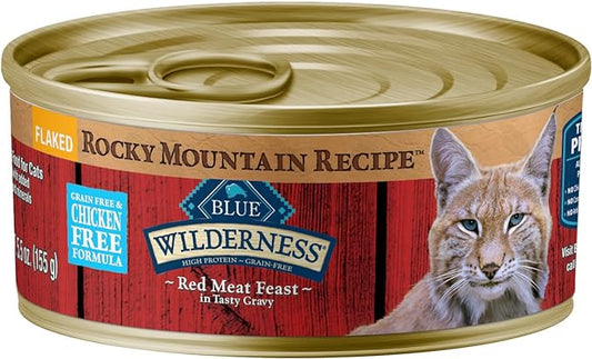 Blue Buffalo Wilderness Rocky Mountain Recipe Flaked Wet Cat Food, Chicken-Free & Grain-Free Recipe, Made with Natural Ingredients, Red Meat in Tasty Gravy, 5.5-oz. Cans (24 Count)