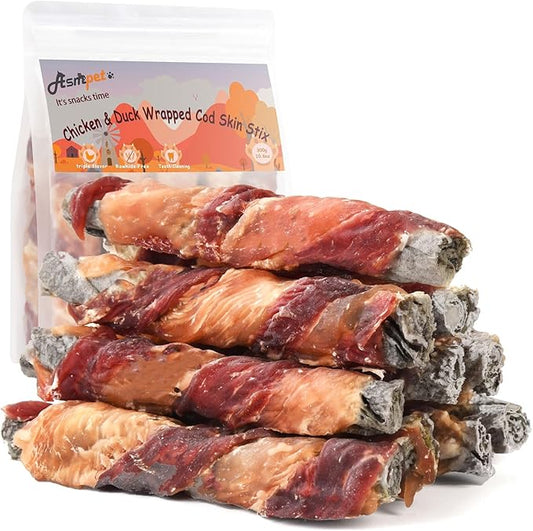 ASMPET Dog Treats Chews, Chicken & Duck Wrapped Cod Skin Sticks, Rawhide Free Cod Skin Treats for Dogs 10.6 oz