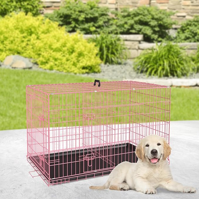 BestPet | Dog Crate | 24" | Pink | Foldable Metal Kennel with Double Doors, Secure Slide-Bolt Latches, Leakproof Tray | Portable Dog Cage for Small Breeds | for Travel, Indoor & Outdoor Use