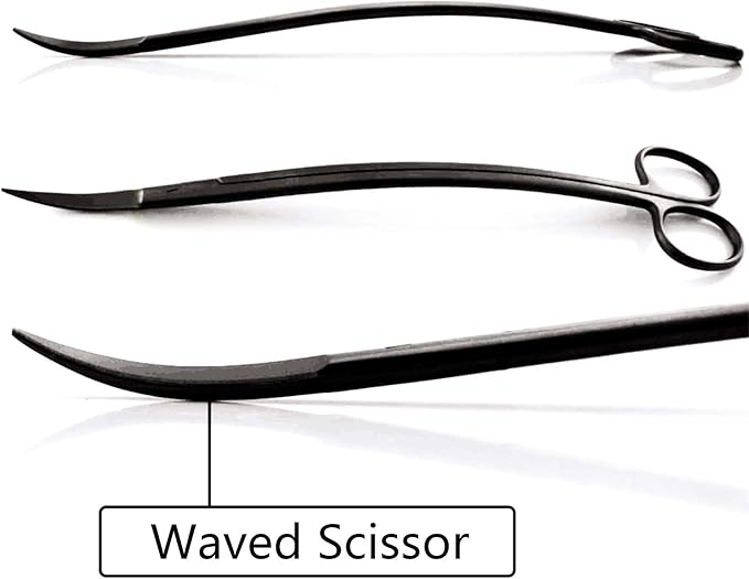 Aquascaping Tools 7 in 1 Kit Aquarium Plant Scissors Tools Set Curved & Waved Scissor Tweezers Spatula Stainless Steel Anti Rust Tools for Aquascape Black