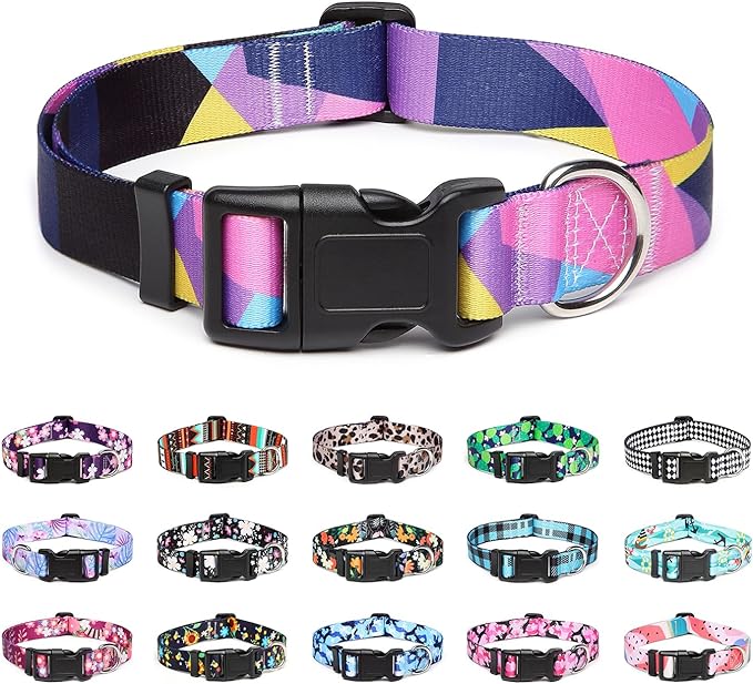 Mercano Adjustable Dog Collar - Special Design Patterns, Soft Nylon Comfortable Sturdy Pet Collar for Small Medium Large Dogs (S, Geometry Purple)