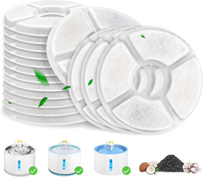 Cat Fountain Filter, 16 Pcs Cat Water Fountain Filters Replacement, 3-Filtration System Round Carbon Filters Compatible with 81oz / 2.4L Round Automatic Pet Dog Water Fountain Dispenser