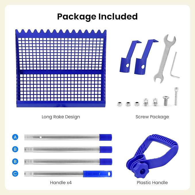 Chicken Poop Scooper Rake 2-in-1, Metal Shovel Head Chicken Coop Accessories, Adjustable 304 Stainless Steel Handle, Litter Scooper Sand Sifting for Chicken Coops Small Farm Animals(36" to 62")