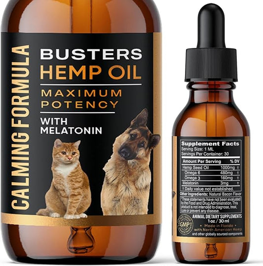 Busters Calming Hemp Oil, Enriched with Melatonin for Dogs, Cats, Pets, Sleep, WEL Being and an Ideal Omega Ratio, Adrenal and Cushings Support