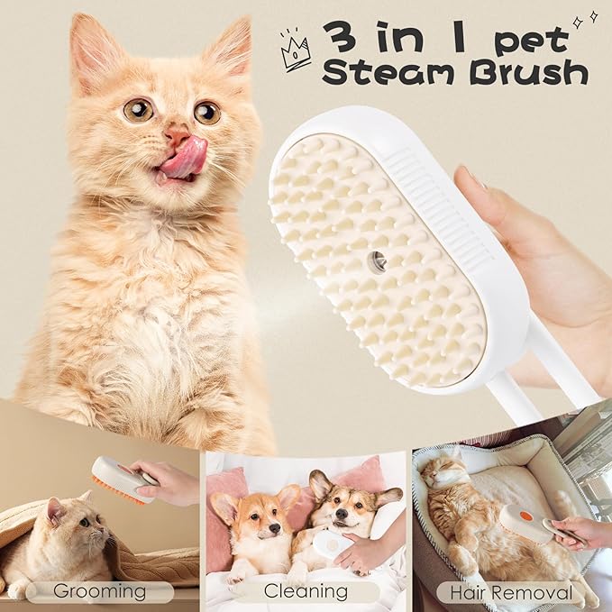 Cat Steam Brush, 3 in 1 Self Cleaning Steamy, Spray Silicone Massage Comb, Hair Removal Tool with Handle Multifunctional Grooming Brush for Cats Dogs