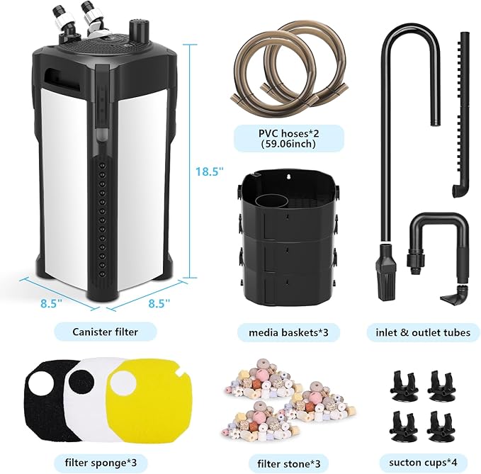 AQQA 581GPH Canister Filter, Ultra-Quiet External Aquarium Canister Filters, 3 Stage Filtration Aquarium Filter with Quartz Balls and Filter Cotton for Fish Tanks and Aquariums Up to 150 Gallon 35W