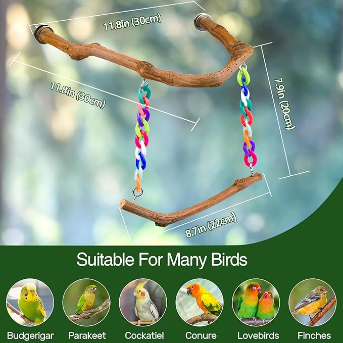 Bird Swing Toys, Standing Bird Perch with Natural Grape Wood, U Shape Hangable Birdcage Accessories, Birds Chewing Toy for Budgerigars, Parakeets, Cockatiels, Conures, Lovebirds, Finches (2Pack)