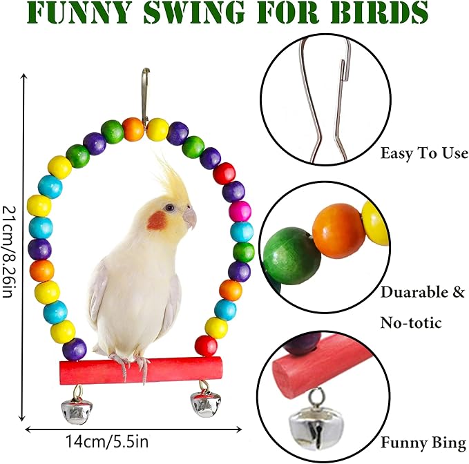 Bird Parakeet Cockatiel Toys, ESRISE Parrots Cage Hammock Swing Climbing Ladders Wooden Perch Chewing Toy for Budgerigar, Conures, Love Birds, Budgies