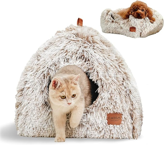 CATISM Cat Bed, Cat Cave for Indoor Cats, Soft Cat Dome, Self-Warming 2 in 1 Foldable Pet Cat House with Washable Cushioned Pillow Calming Fluffy Dog Beds for Small Dogs with Anti-Slip Bottom Brown L