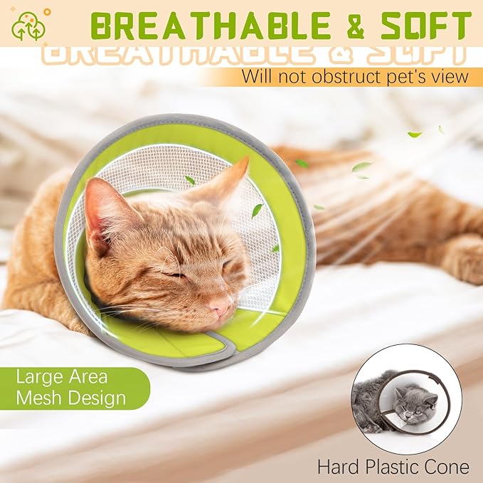 Breathable Air Mesh Cat Cone Collar Soft to Stop Licking, Adjustable, Foldable Lightweight Kitten Cones After Surgery Recovery for Cats & Kittens (Green, M)