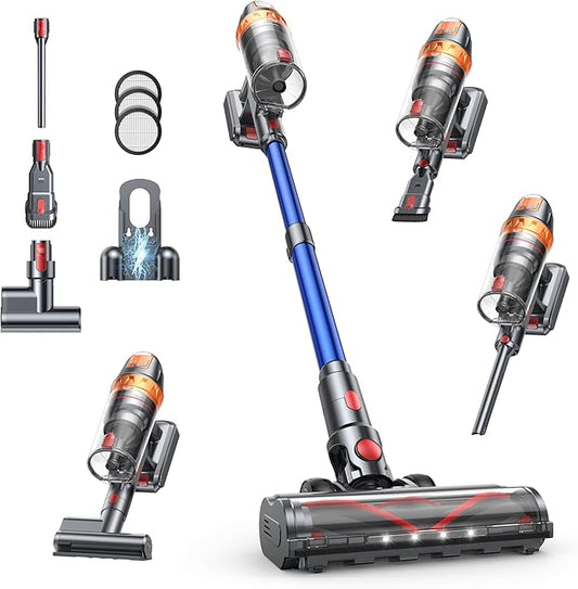 Cordless Vacuum Cleaner, 600W with Extra Mattress Cleaning Tool, 45KPA Stick Vacuum Cleaners for Home 60 Mins Runtime, Self-Standing, Wall Mount Charging, Rechargeable Vacuum for Floor Carpet Pet Hair