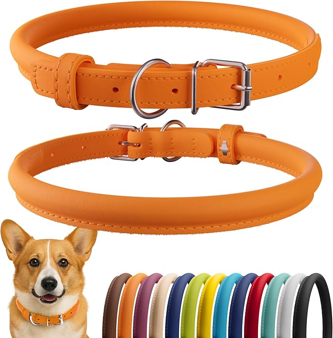 CollarDirect Rolled Leather Dog Collar, Soft Padded Round Puppy Collar, Handmade Genuine Leather Collar Dog Small Large Cat Collars 13 Colors (11-14 Inch, Orange Smooth)