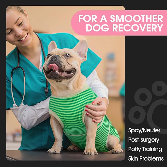 FUAMEY Dog Recovery Suit Male,Dogs Surgery Neuter Suits Puppy Spay Shirts for Female Protect Dog's Skin Anti Licking Abdominal Wounds Doggie Onesie Pet Bodysuit Alternative to Cone Green Stripes L