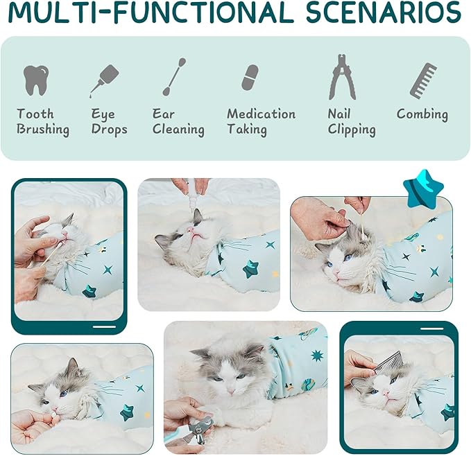 Cat Wrap for Cutting Nails, Self-Adhesive for Grooming, Anti-Scratch Cat Swaddle Wrap for Medicine, Nail Clipping, Teeth Brushing, Ear Cleaning