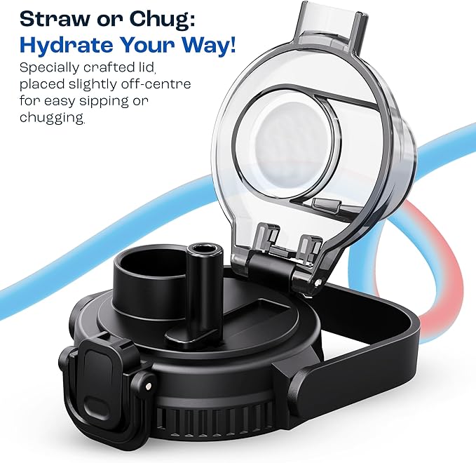 AQUAFIT 64 oz Water Bottle with Time Marker - 2in1 Straw & Chug Lid - BPA Free Big Water Bottle with Straw - Gym Water Bottle with Strap - Water Jug (64 Ounces, Midnight Gray)