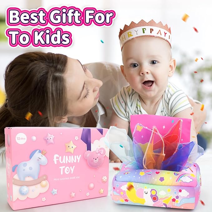 Baby Toys 6 to 12 Months - Tissue Box Toy, Tissue Learning Toys with Alphabet Number Color Sound, Baby Sensory Toy Gifts for 6 9 12 18 Months Old