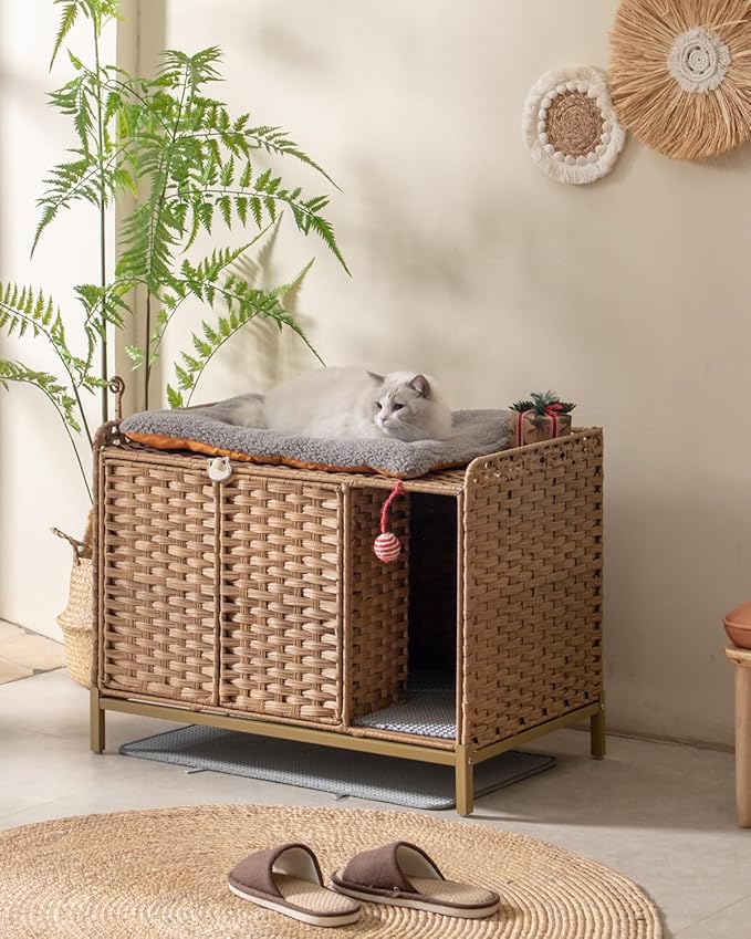 Cat Litter Box Enclosure Furniture with Divider, Handwoven Rattan Litter Box with Mat, 31.2 x 19.6 x 24.2 Inches, Metal Heightened Feet, Hidden Cat House for Living Room, Bedroom (Natural)