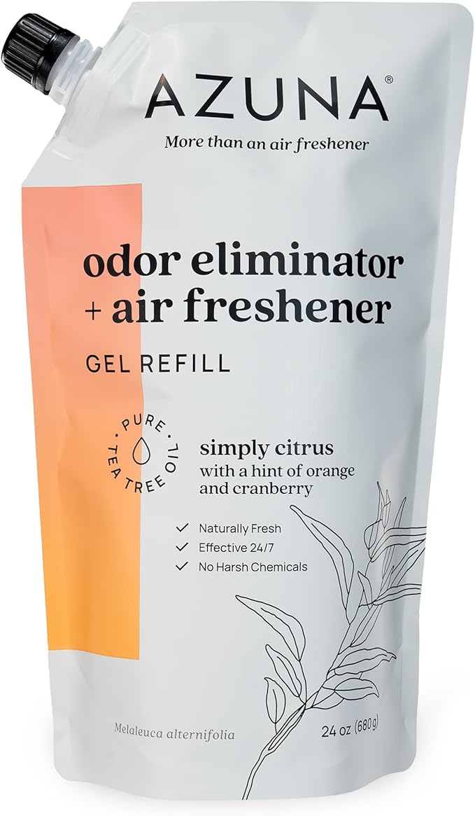 Azuna All-Natural Odor Remover Gel Refill Pouch | Air Purifier with Tea Tree Oil | Plant-Based & Long Lasting | For Pet Odors, Smoke & Strong Odors | Simply Citrus | 24 oz.