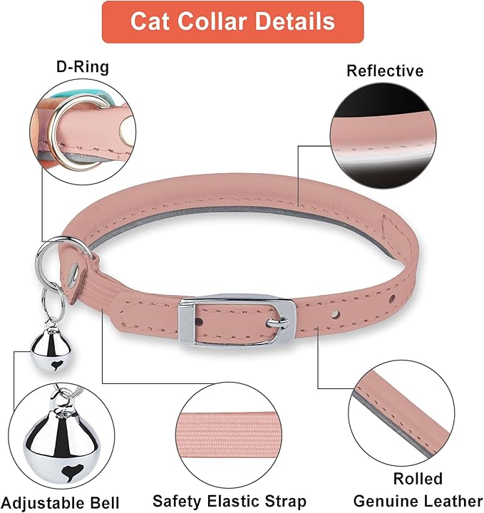 OOPSDOGGY Rolled Leather Cat Collar with Bell, Reflective Kitten Collars with Buckle Include Safety Elastic Strap - Adjustable Small Pet Collars for Boy Girl Cats (Blush)