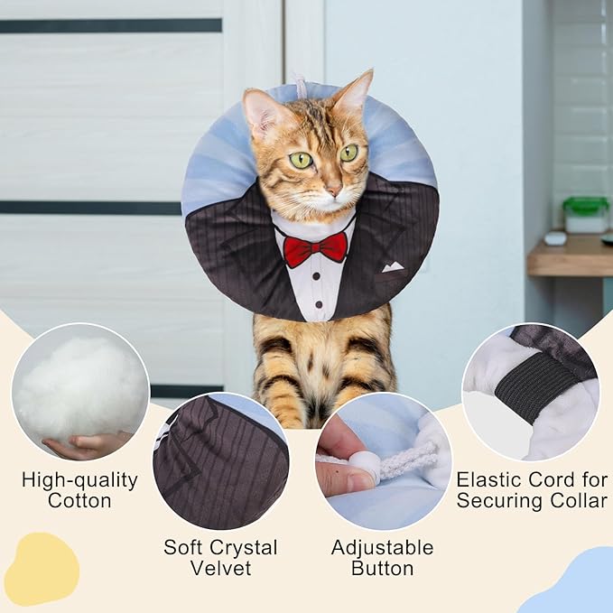 BEAUTYZOO Cat Cone Collar Soft, Cat Recovery E Collars After Surgery to Stop Licking, Adjustable Elizabeth Circle Collar Cute Pet Donut Pillow for Cats Kitten Puppy Small Dogs, Black Suit M