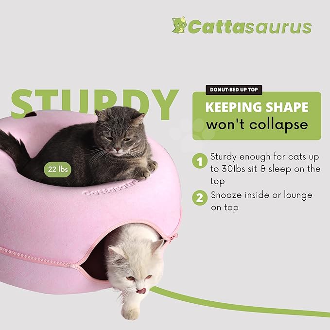 Cattasaurus Peekaboo Cat Cave for Multiple & Large Cats Up to 30-45 Lbs, Scratch Detachable & Washable Tunnel Bed, Comfy Donut Cat Cave (Pink, Large)