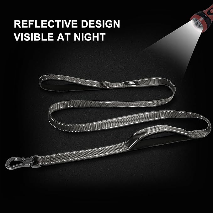 TwoEar 6FT 1IN Strong Gray Dog Leash with 2 Padded Handles, Traffic Handle Extra Control, Comfortable Soft Dual Handle, Auto Lock Hook, Reflective Walking Lead for Small Medium and Large Dogs