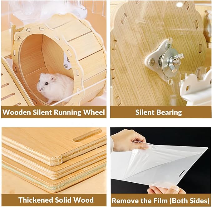 Cycodo 8 in 1 Acrylic Hamster Cage,2-Tier Dwarf Hamster Cage with Wooden Wheel & Hideout,Small Hamster Habitat with Accessories,Clear Pet Mice House(White,14" L*10" W*11" H)