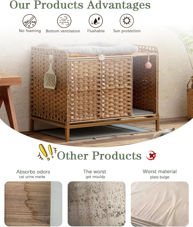 Cat Litter Box Enclosure Furniture with Divider, Handwoven Rattan Litter Box with Mat, 31.2 x 19.6 x 24.2 Inches, Metal Heightened Feet, Hidden Cat House for Living Room, Bedroom (Natural)