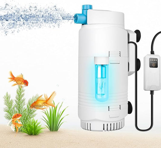 Aquarium Filter with U-V Light & Timer for 4–40 Gallon Fish Tanks, Submersible Internal Filter with Flow Control, Sponge Filtration & Aeration, Quiet Power Pump for Freshwater Saltwater Tanks
