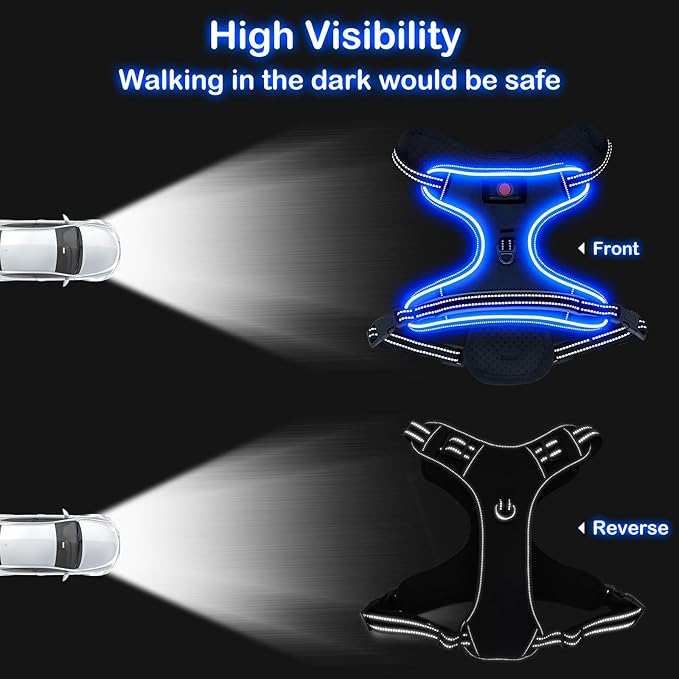Light Up Dog Harness, No Pull LED Dog Harness with Handle, Rechargeable Lighted Safety Vest for Small Medium Large Dogs, Adjustable Soft Dog Lights for Night Walking