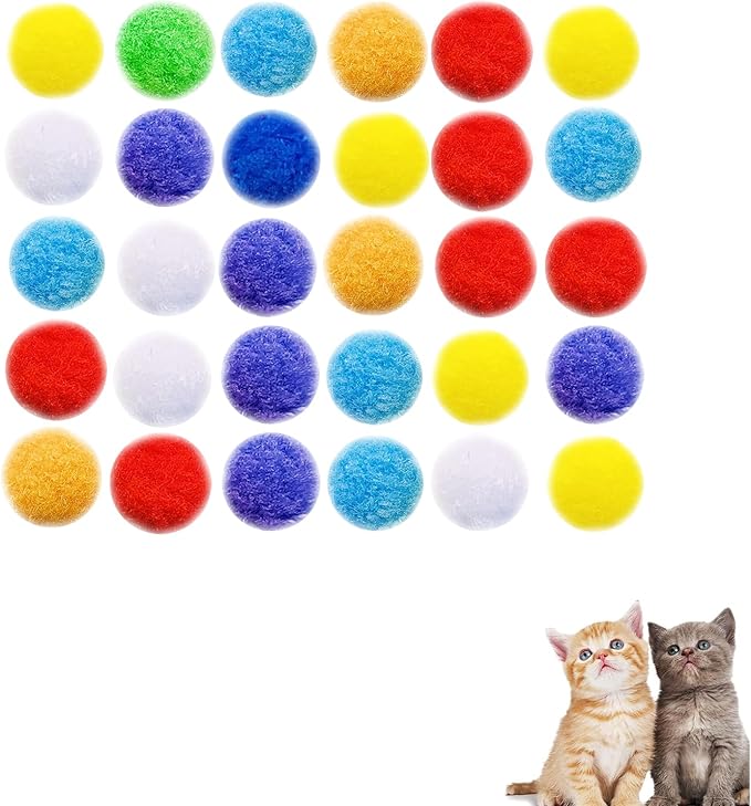 Cat Toy Balls, 30Pcs Premium Soft Pom Pom Balls for Kittens, 1,2'' Funny Interactive Cat Pompom Toys for Bored Indoor Cats Playing Plush Balls for Craft DIY Decorations,Cute Kitten Kitty Toys.