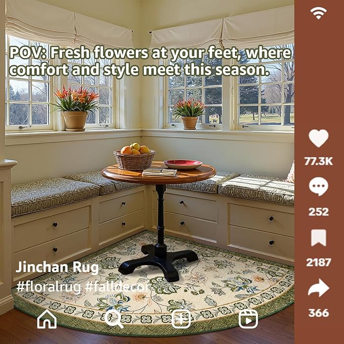 jinchan Elora Floral Corner Rug for Living Room Washable Bedroom Rug Vintage Romance Design Non Slip Quarter Circle Lightweight Low-Pile Throw Carpet for Reading Nook Playroom,8ft Radius, Green/Beige