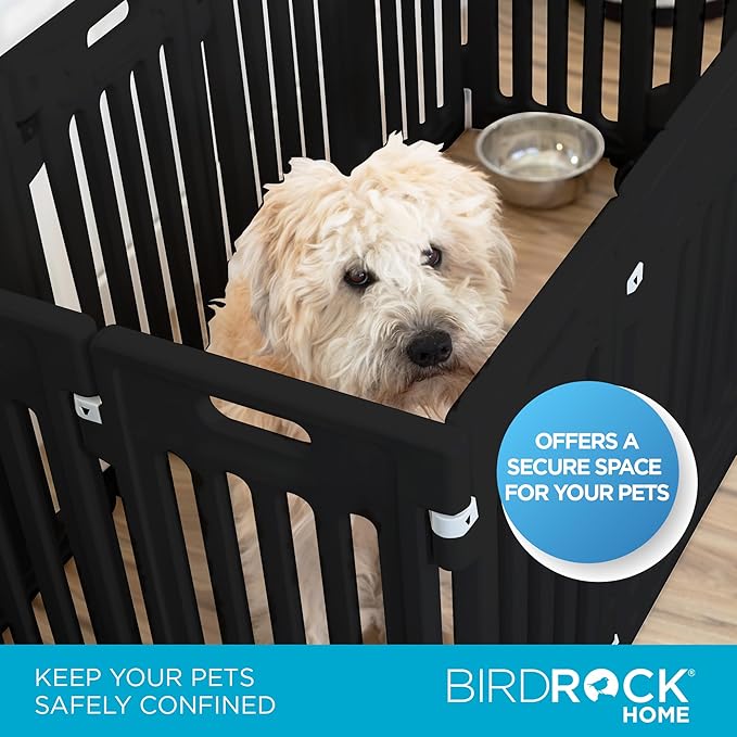 BIRDROCK HOME Dog Playpen w/Door, 12 Panel, 25.6in H | Strong Plastic, Non-Slip Puppy Playpen, Secure Pet Gate | Indoor Outdoor Fence | Configurable Panels | Small to Medium Pets - Black