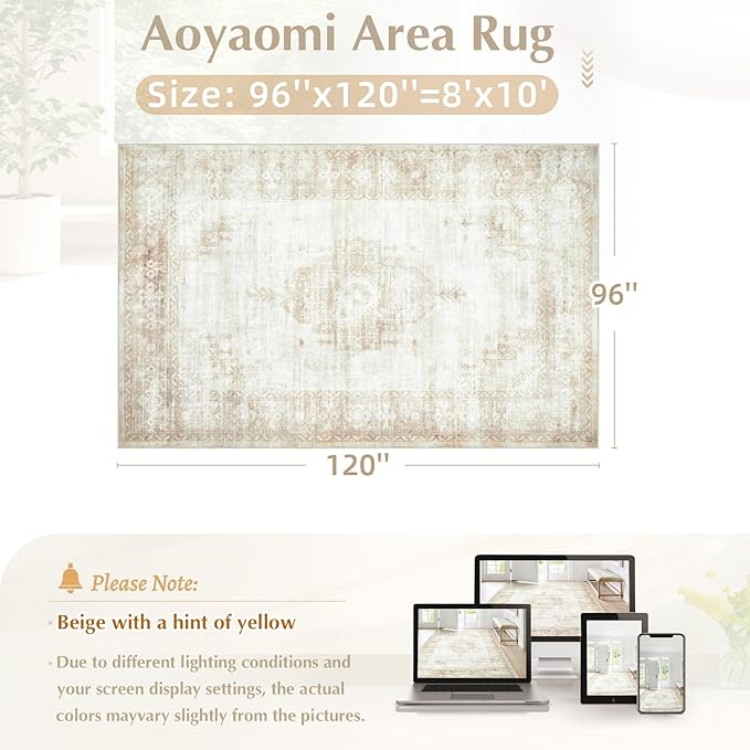 Vintage Living Room Area Rug - 8x10 Large Machine Washable Boho Moroccan Distressed Farmhouse Rugs for Bedroom - Soft Non-Slip Indoor Floor Accent Rugs for Office Dining Room (Beige, 8'x10')