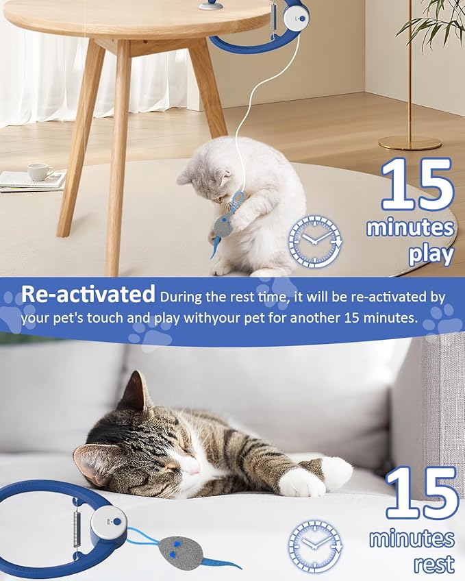 Cat Toy Interactive for Indoor Cats, Smart USB Rechargeable Door Hanging Automatic Retractable Kitten Toys, Teaser Electronic Self Play Feather Cat String Toys Attached with 3 Catnip Mice Blue