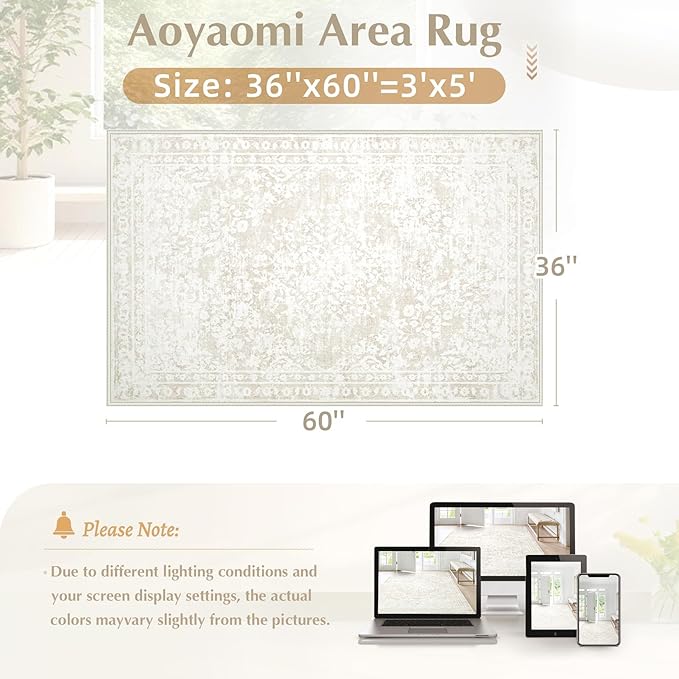 Area Rug 3x5 Entryway Rugs - Machine Washable Vintage Boho Area Rug Non-Slip Kitchen Rugs Soft Stain Resistant Indoor Door Mat, Small Floral Throw Rug for Entrance Hallway Bedroom(Cream Beige, 3'x5')