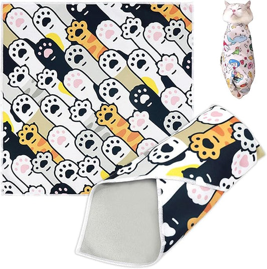 Cat Grooming Wrap, Cat Wrap Self-Adherent, Anti-Scratch Anti-Bite, Anti-Escape Grooming Bag for Cats Nail Clipping, Ear Cleaning, and Teeth Brushing (19.7 × 19.7" Paw Prints)