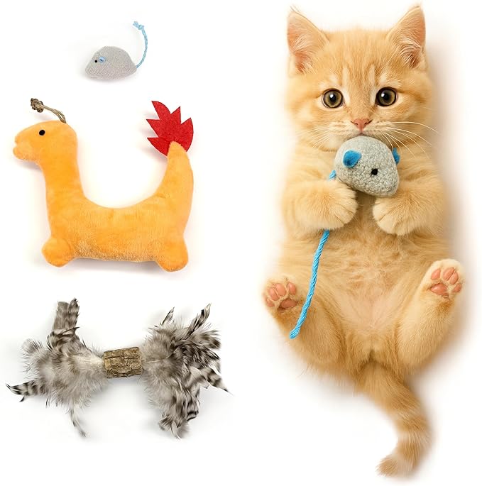Catnip Toys 3 Pack – Plush Catnip Toy with Gall Fruit & Silvervine Stick with Feathers, Interactive Chew & Kick Toys for Indoor Cats, Relieve Stress & Encourage Exercise