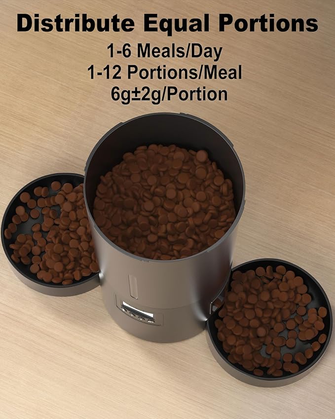 Automatic Dual Cats Feeder for 2 Cats,6 Meals/Day,12 Portions/Meal,Dual Power Auto Pet Feeder Dry Food Dispenser,Flexible Schedule Timer 10S Voice Record (Black, ABS Dual Bowls)
