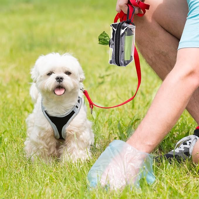 Clear Metal Dog Waste Bag Dispenser & Holder - Portable, 1 Hand Free, Fits Leash Accessory, Set Includes Dog Poop Bags