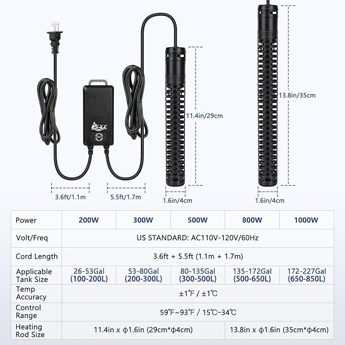 AQQA Aquarium Heater,Submersible Fish Tank Heater 59-93°F/15-34°C External Controller,Rapid Heating,Ultra-high Temperature Protection,Automatic Power-Off When Leaving Water (500W for 80-135 Gallon)