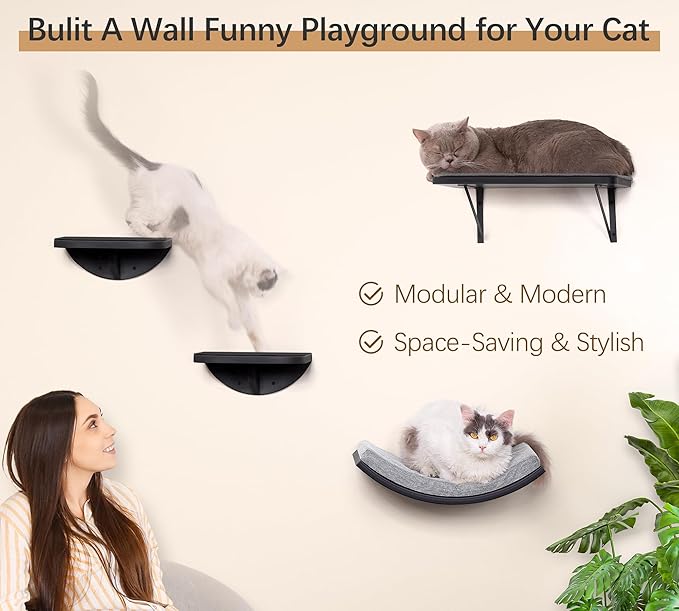 Cat Wall Shelf, Curved Cats Wall Bed, Wall Mounted Cat Grey Climbing Shelves for Sleeping, Playing, and Lounging