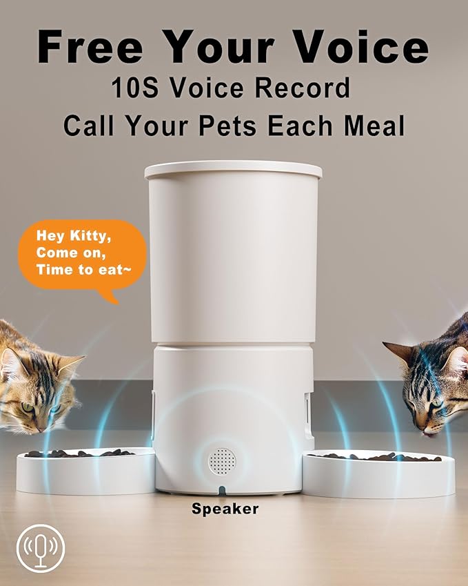 Automatic Dual Cats Feeder for 2 Cats,6 Meals/Day,12 Portions/Meal,Dual Power Auto Pet Feeder Dry Food Dispenser,Flexible Schedule Timer 10S Voice Record (White, ABS Dual Bowls)