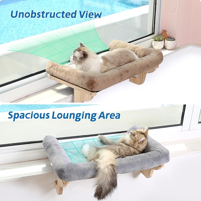 Cat Perch for Window Sill with Bolster - Orthopedic Hammock Design with Premium Hardwood & Robust Metal Frame - Cat Window Seat for Large Cats and Kittens - Natural Color Wood with Gray Bed