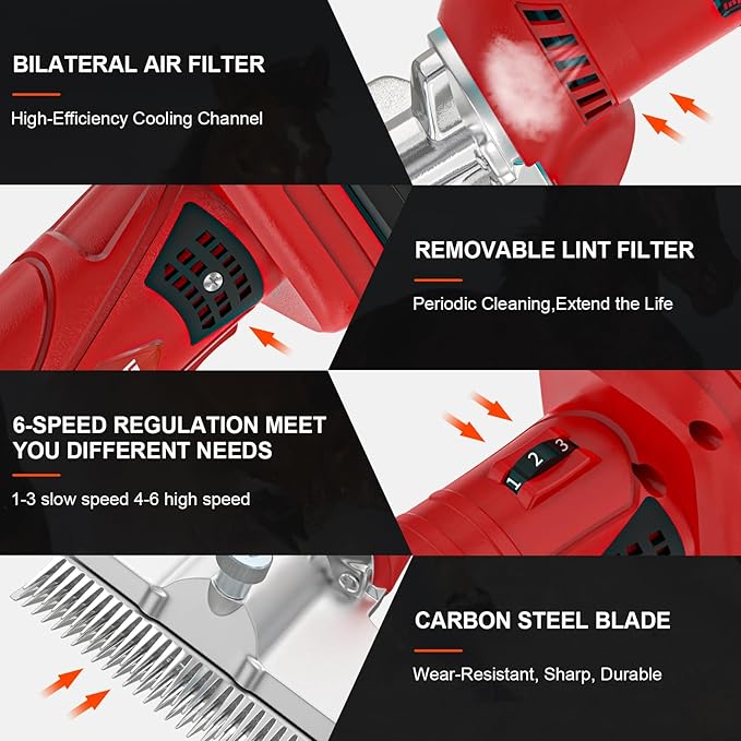 Cordless Horse Clippers,500W Heavy Duty Horse Grooming Clippers with 2 PCS Rechargeable 3000mAH Lithium Battery,6 Speed Professional Horse Grooming Kit for Thick Coat Animals