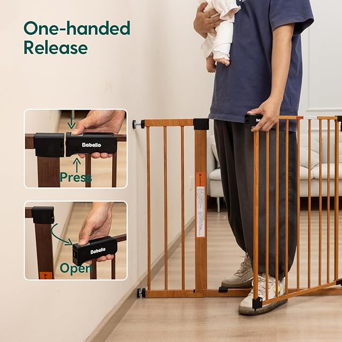 BABELIO 29-48" Metal Baby Gate with Brown Wood Pattern, Auto Close Dog Gate for The House, Stairs and Doorways, Pressure Mounted Pet Gate with Door, Safety Gate for Child and Pets