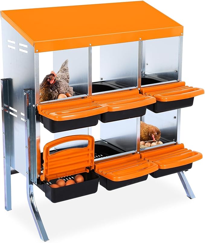Chicken Nesting Boxes, 6 Hole Metal Chicken Laying Box with with Removable Trays and Roll Out Egg Collection for Chicken Coop, with Metal Bracket, Orange