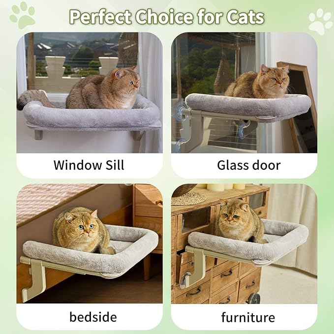 Cat Window Perch, Adjustable Cat Hammock for Large Cats, Mounts on Window Sills, Bedside, or Glass, Easy Installation and Removal, Washable Cushion Cover (20.5" W×15.7" L, Gray)