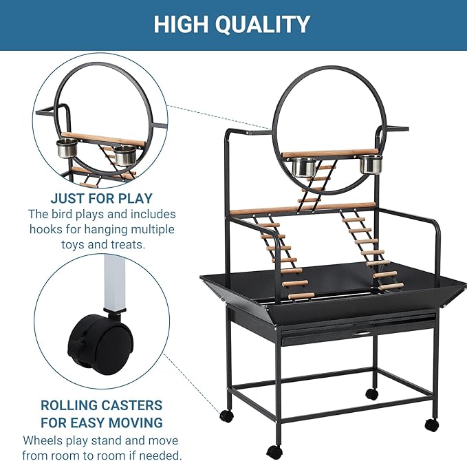 Bird Playstand, 66'' H Inch Birdcage Stand Activity Play Center with Perches and Ladders, Removable Tray, Indoor Outdoor Playground for Parakeet,Cockatiels Conures Parrots, Lockable Caster,Black